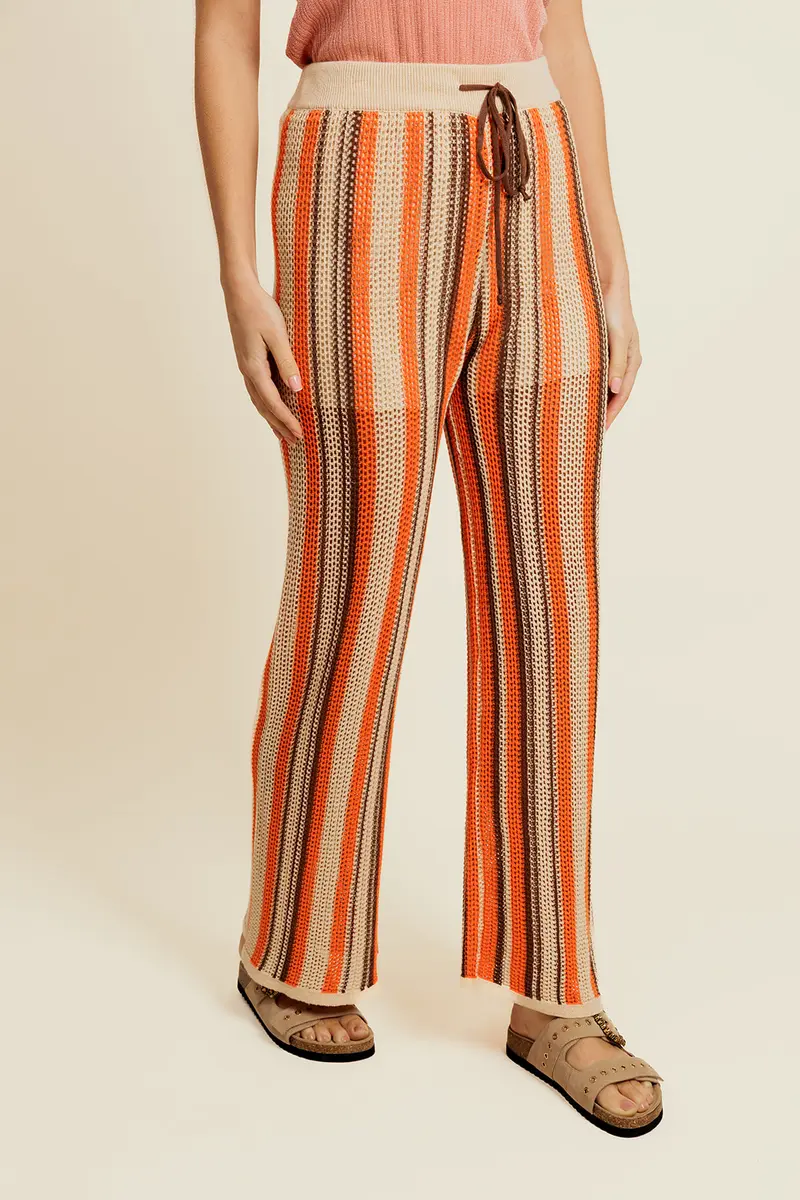 ÉRELIS - Pantalon Beige en Coton à Rayures
