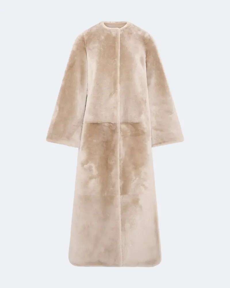 Extra long draped lambskin shearling coat