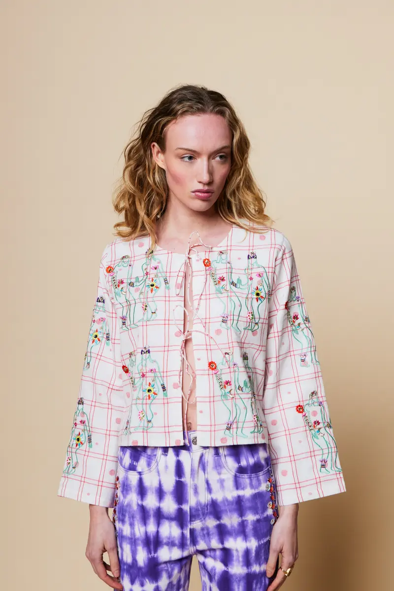 FANTASY CORAL CHECK SHORT BLOUSE
