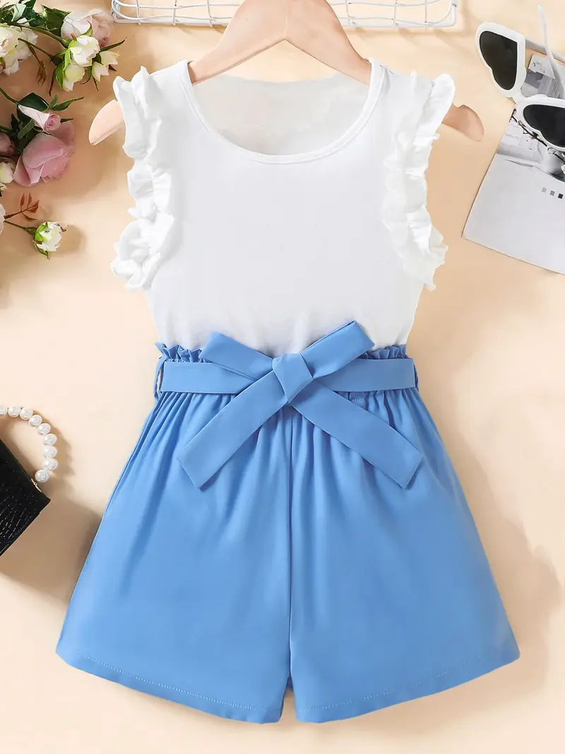 Fille manches à volants épissées bleues et blanches robe - style frais d'été
