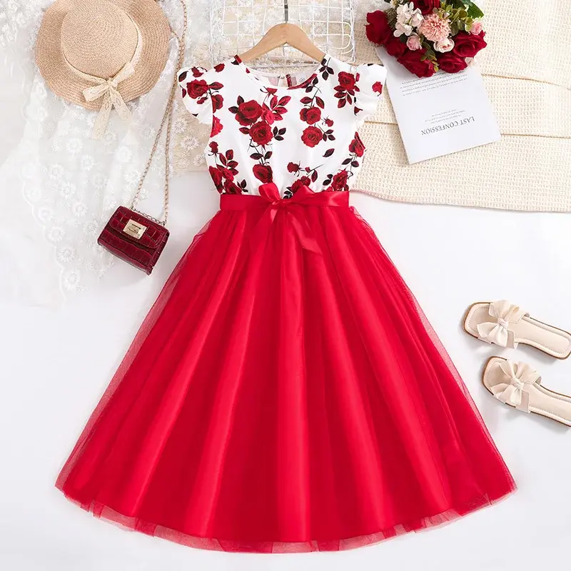 Filles vêtements d'été Style décontracté vêtements volants imprimé fleur nœud papillon fête d'anniversaire robe de concours décontracté vacances élégant
