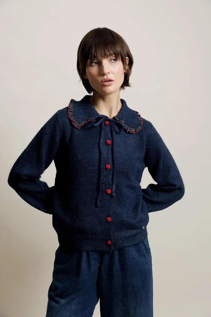 FLORINE - Gilet col claudine écossais Marine