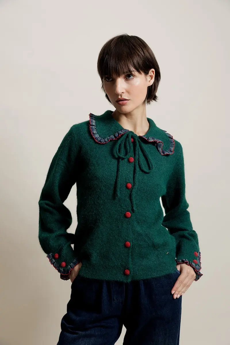 FLORINE - Gilet col claudine écossais Vert
