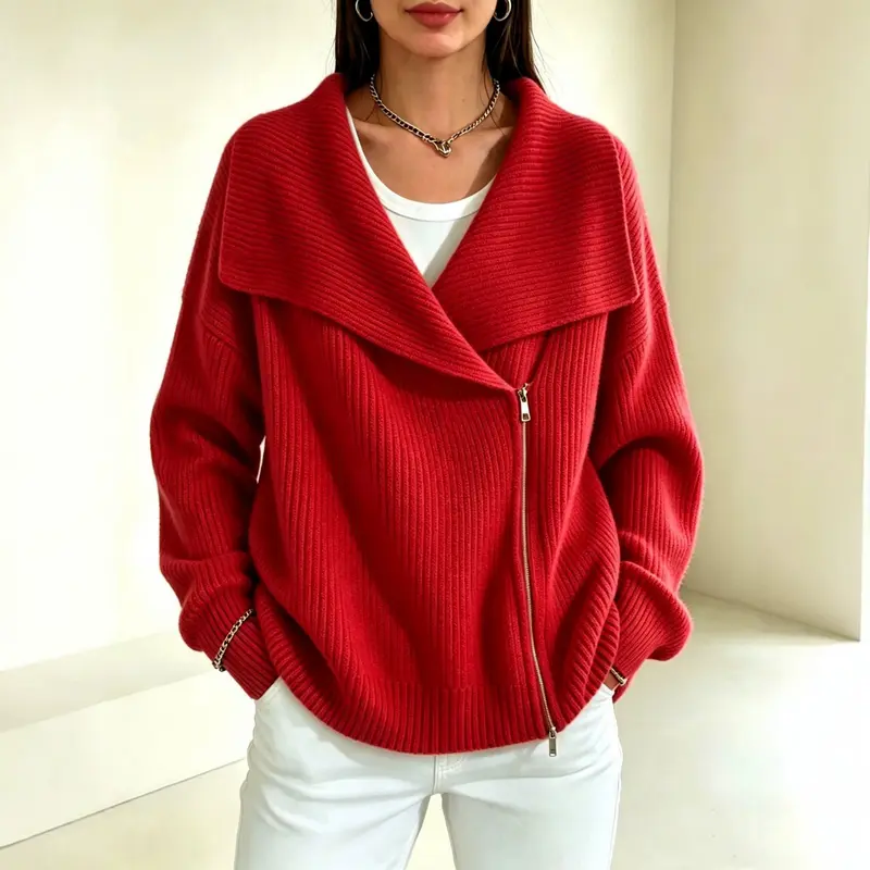 Gilet en Maille À Double Fermeture Éclair Col Cranté Style Street Fashion – 12 Couleurs XS–3XL