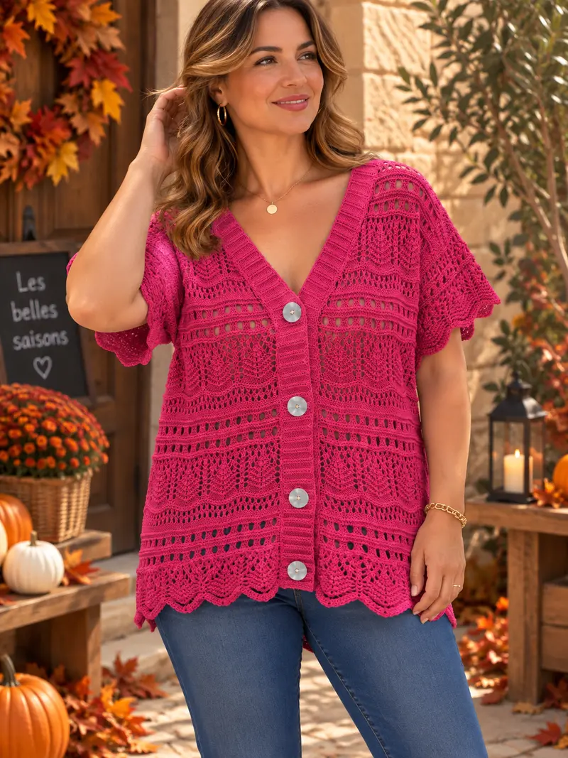 Gilet manches courtes crochet fuchsia