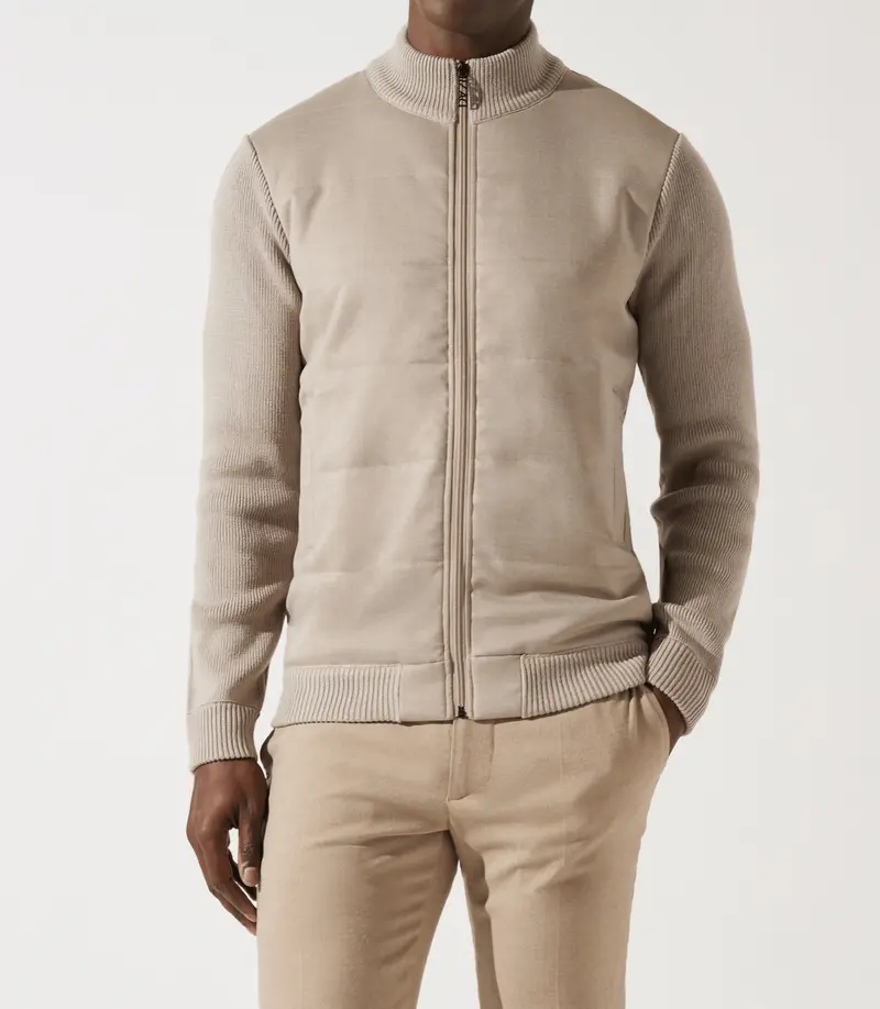 Gilet zippé col rond mix matière beige