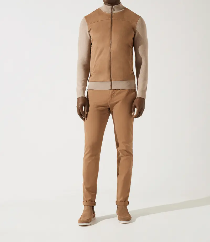 Gilet zippé col rond mix matière beige