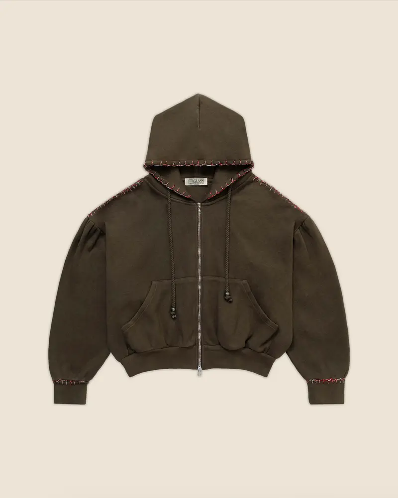 Glass Cypress dark brown hand-stitched zip hoodie
