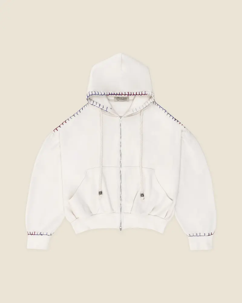 Glass Cypress ivory hand-stitched zip hoodie