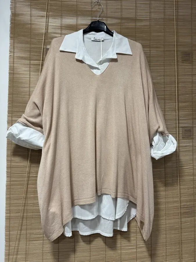 GRANDE TAILLE - Pull fin chauve-souris col V beige