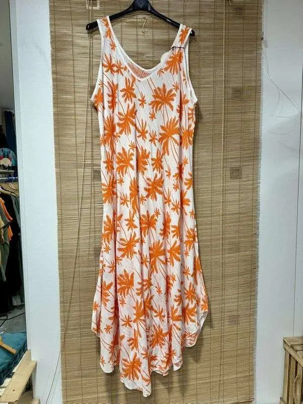 GRANDE TAILLE - Robe longue sans manches palmiers orange