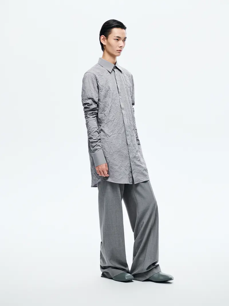 GREY TEXTURE PLEATED SLEEVE SHIRT