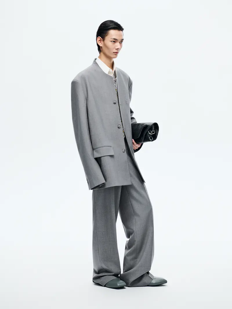 GREY WOOL COLLARLESS BLAZER