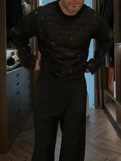 Haut à Manches Longues pour Homme en Maille Transparente et Paillettes