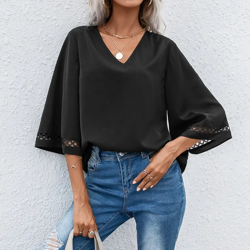 Haut noir ajouré pour femme, style chic décontracté