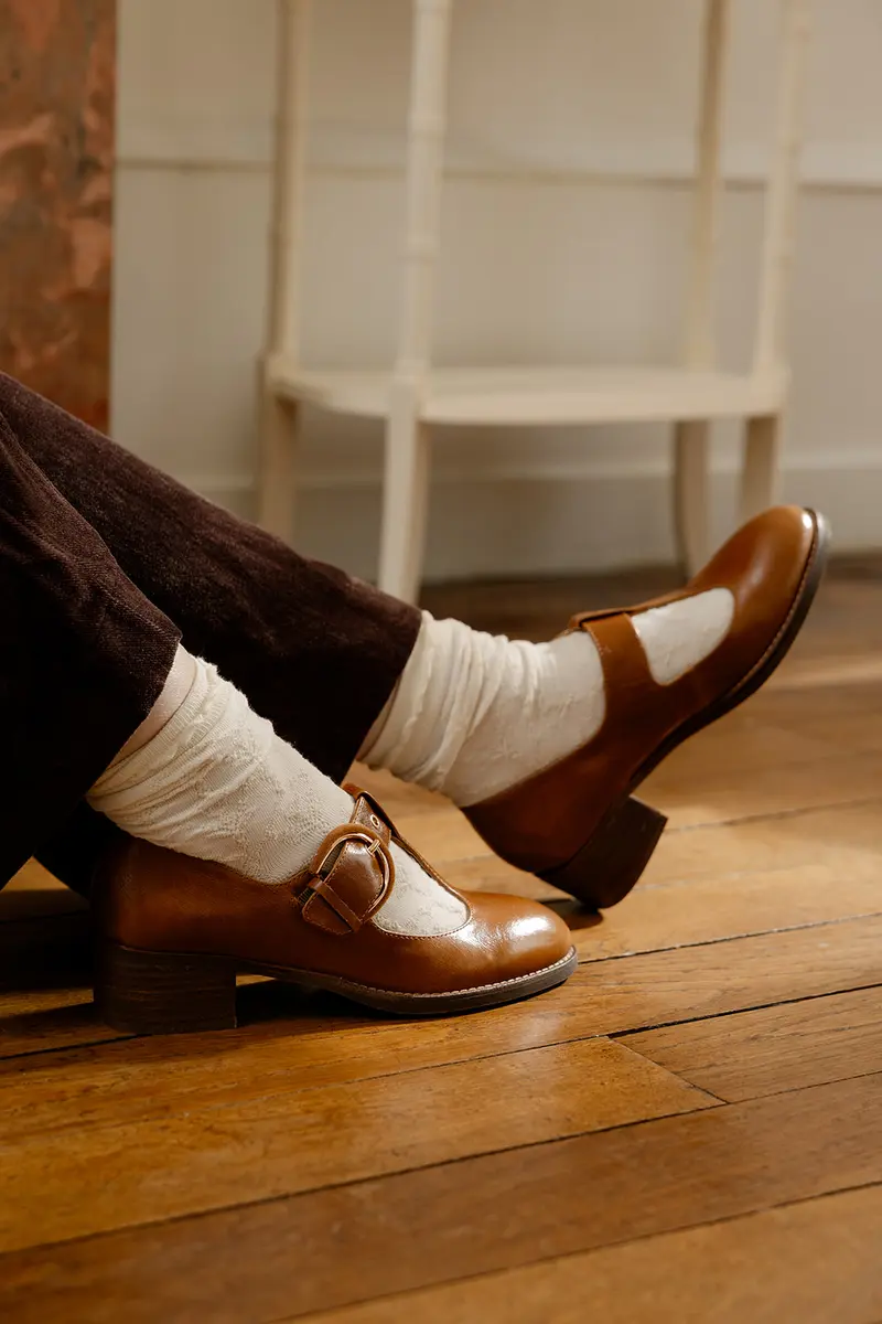 HENRY - Ballerines Salomés en Cuir Cognac