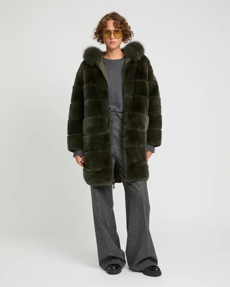 Hooded coat in technical fabric reversible rex rabbit fur