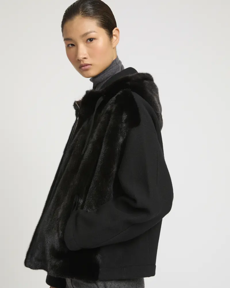Hooded Jacket in Mink and Technical Fabric
