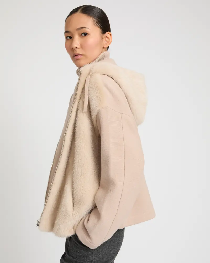 Hooded Jacket in Mink and Technical Fabric