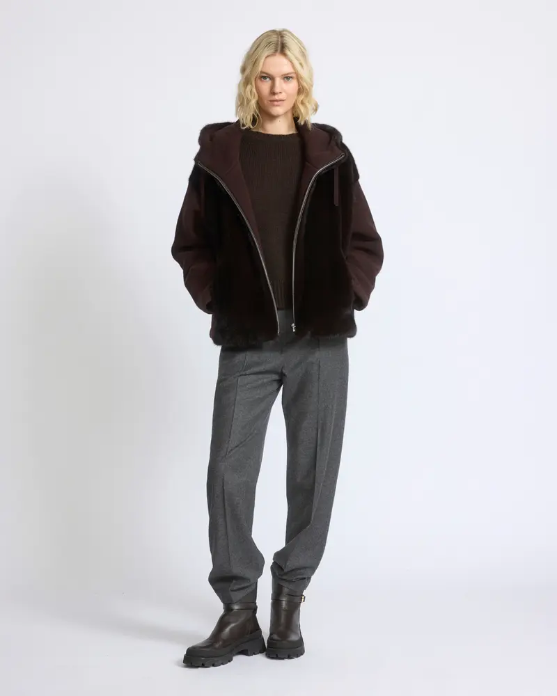 Hooded jacket in mink fur and technical fabric