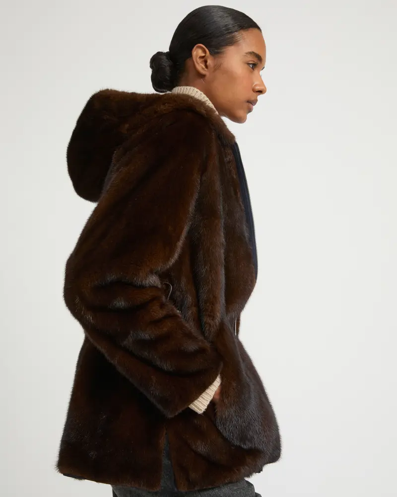 Hooded parka blouson in mink fur reversible technical fabric