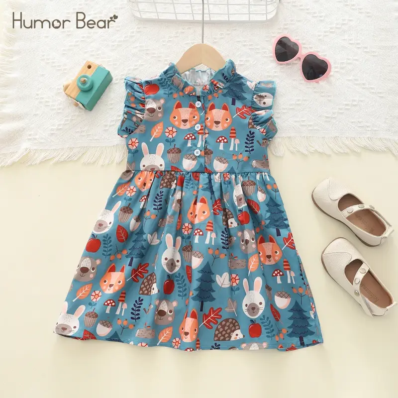 Humor Bear – tenue décontractée pour filles, série d'impression forêt, robe de soirée, bord en dentelle, manches volantes, col rond, pour enfants de 2 à 6 ans