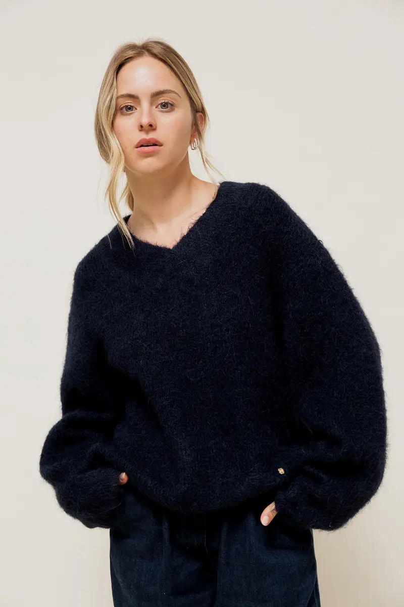 JALYRA - Pull Col V en Maille Marine