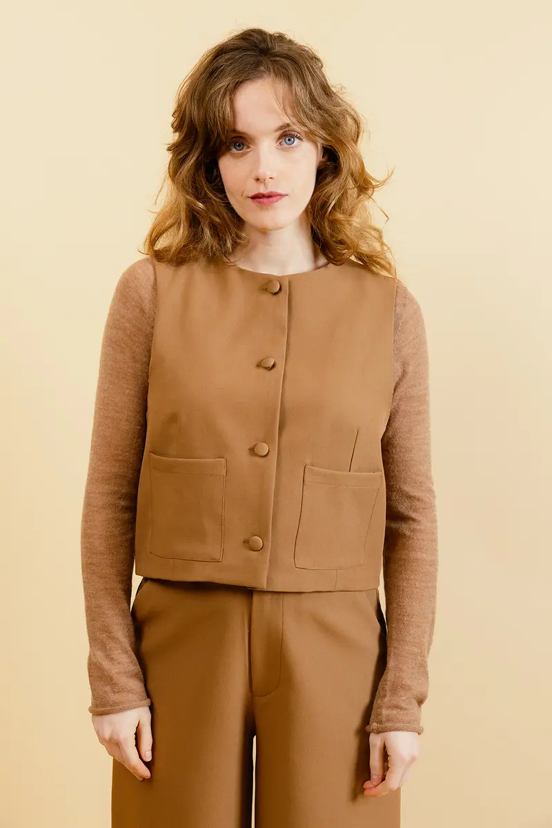 JASMINA - Veste Courte Sans Manches Femme Couleur Tabac