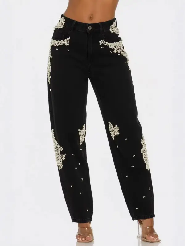 Jean Carotte Taille Haute Femme Perles & Strass Cousus Main – Denim Lavé Luxe Casual