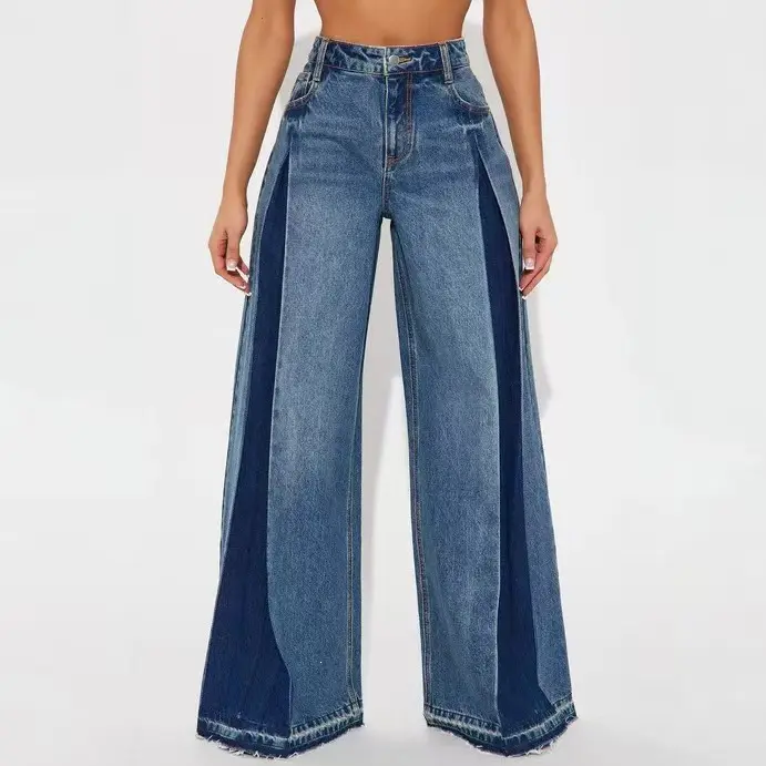 Jean femme bleu délavé à coupe droite et taille mi-haute