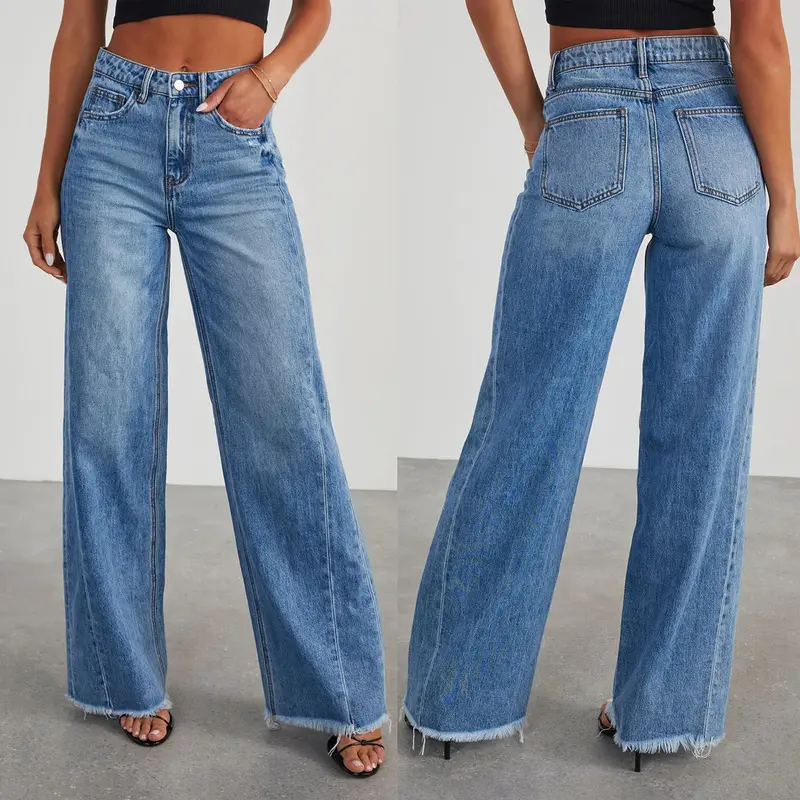 Jean Femme Jambes Larges Oversize – Coutures Latérales & Ourlet Structuré, Style Européen & Américain