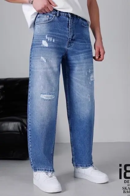 Jean homme bleu skater baggy délavé destroy