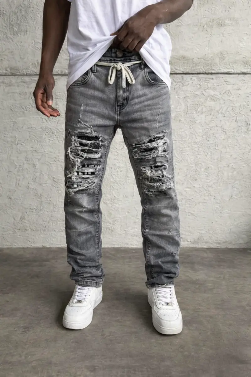 Jean homme slim destroy à cordon – Gris délavé