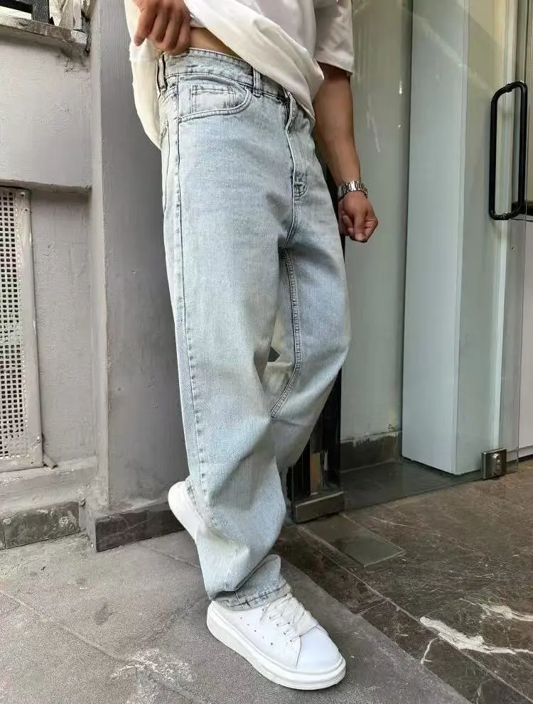 Jean Large Délavé Homme – Coupe Droite Oversize – Bleu Clair Urban