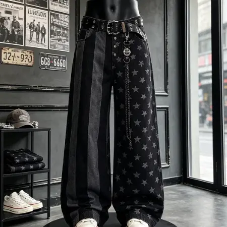 Jean Large Jambes Larges Style Vintage Américain à Rayures et Imprimé Étoiles