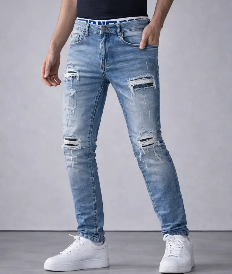 Jean slim fit destroy - bleu délavé