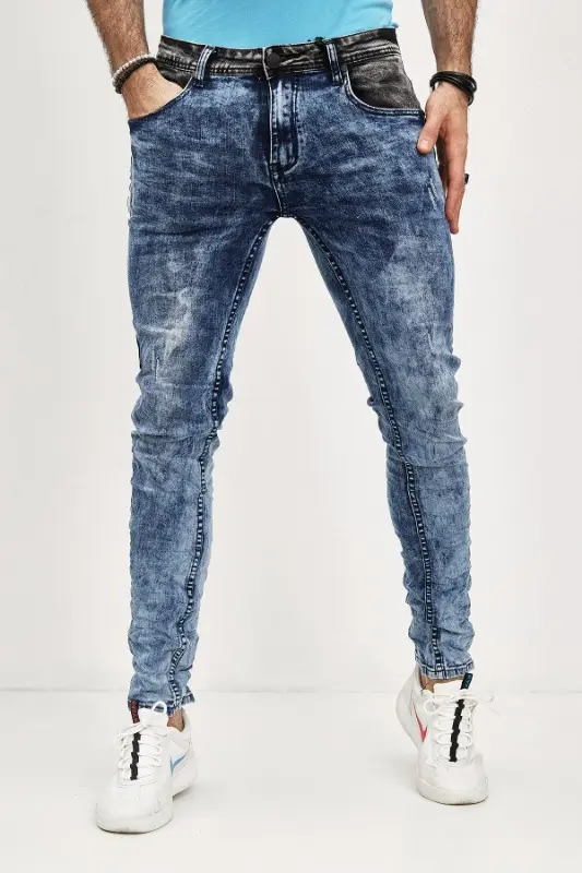 Jeans bleu délavé bi couleur noir sur la hanche homme