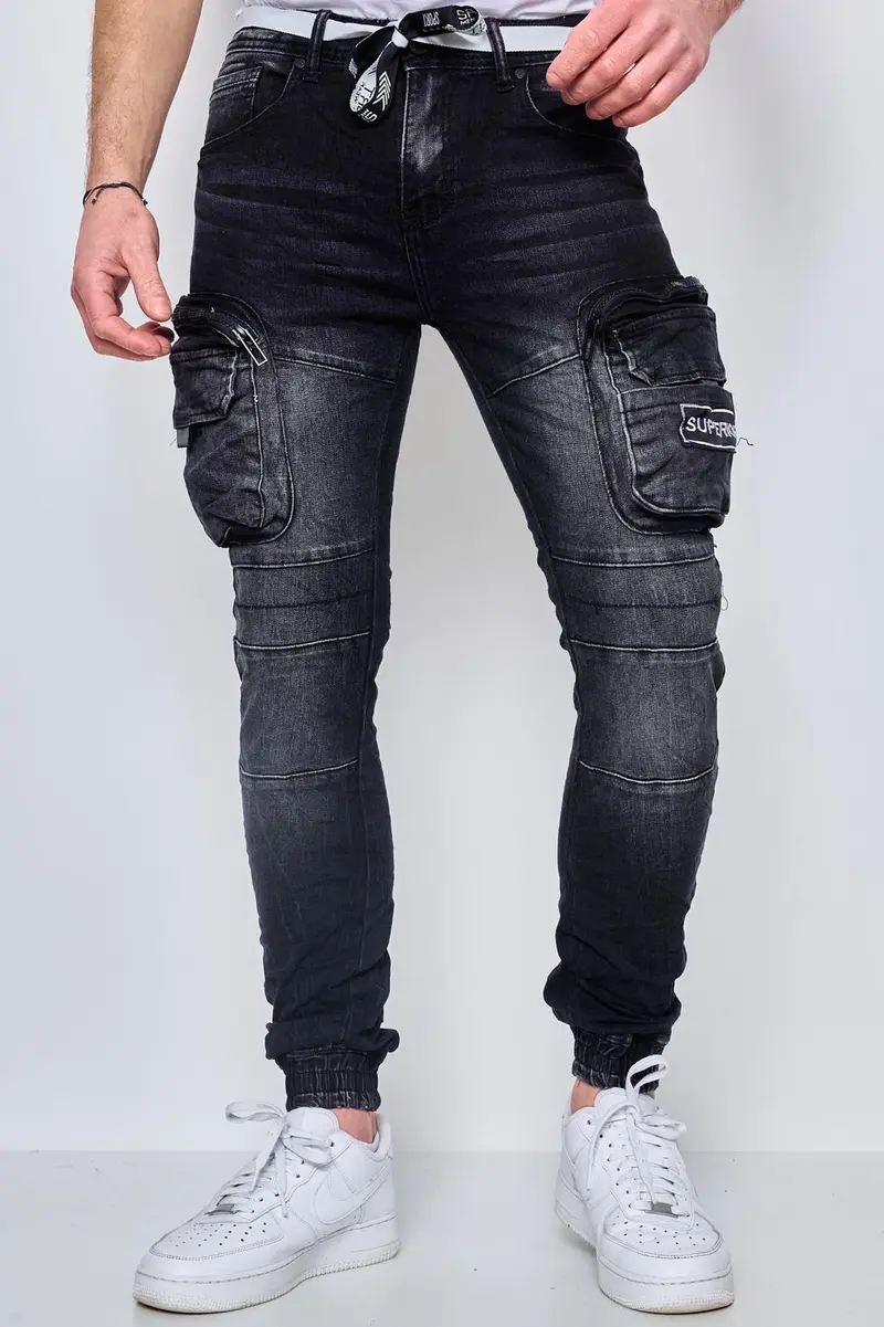 Jeans cargo noir slim homme fashion  avec poches sur les cuisses