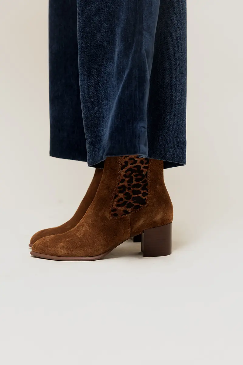 JOY - Bottines en Croûte de Cuir Camel et Léopard