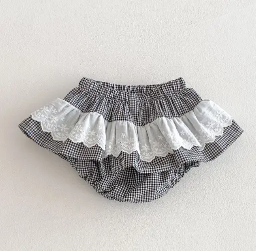 Jupe-culotte fille à carreaux et dentelle, volants doubles