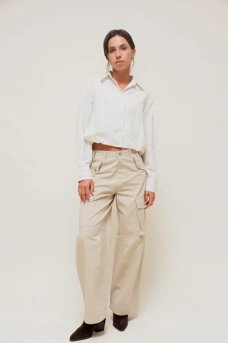 KELYNE - Pantalon Cargo Large en Toile de Coton Beige