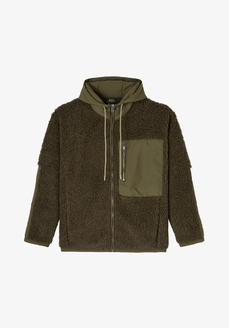 Khakifarbene Fleecejacke mit Kapuze