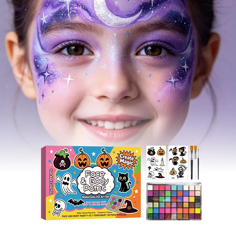 Kit Maquillage Halloween Enfant – Peinture Visage & Corps, Tatouages Temporaires & Pinceaux