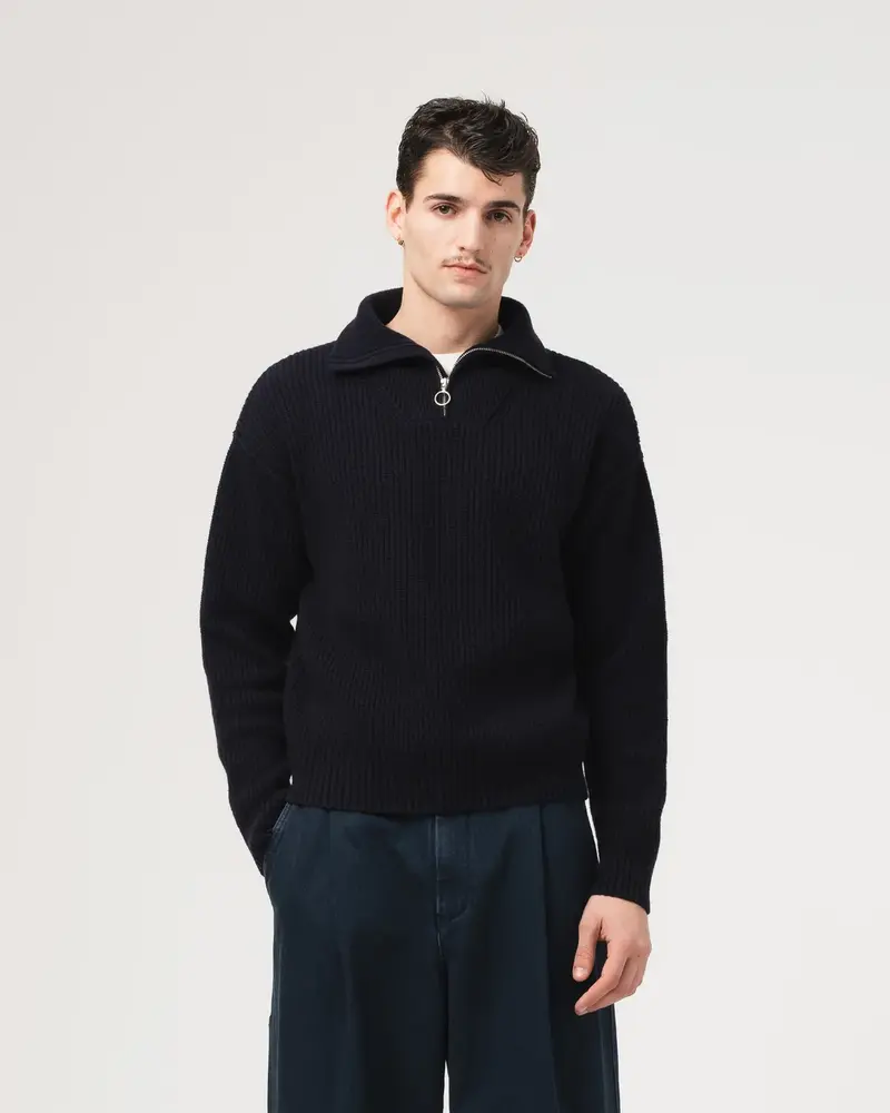 Knitted high zipped Sweater - Navy