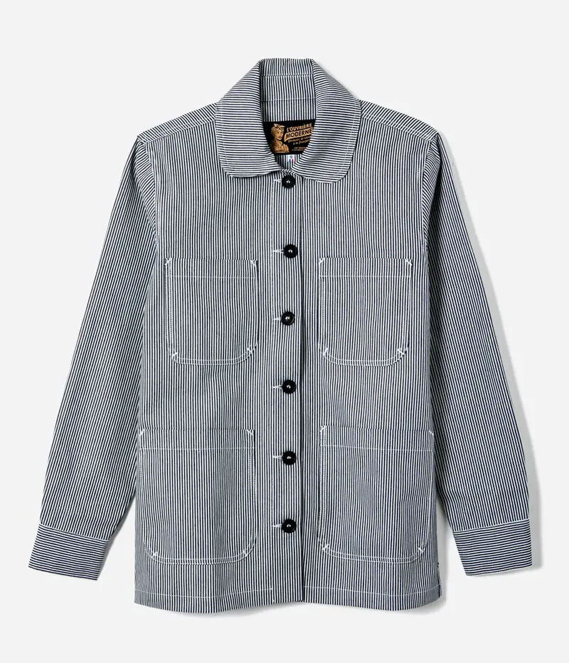 La veste «L'Ouvrière» Denim Hickory bleu et écru