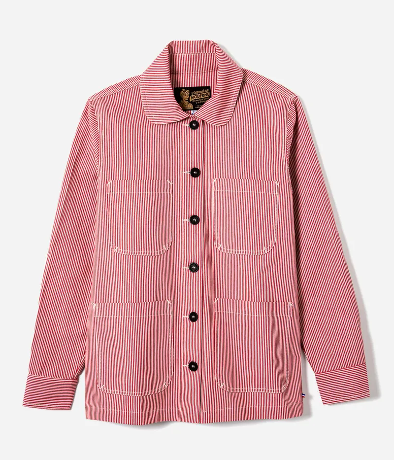La veste «L'Ouvrière» Denim Hickory rouge et écru