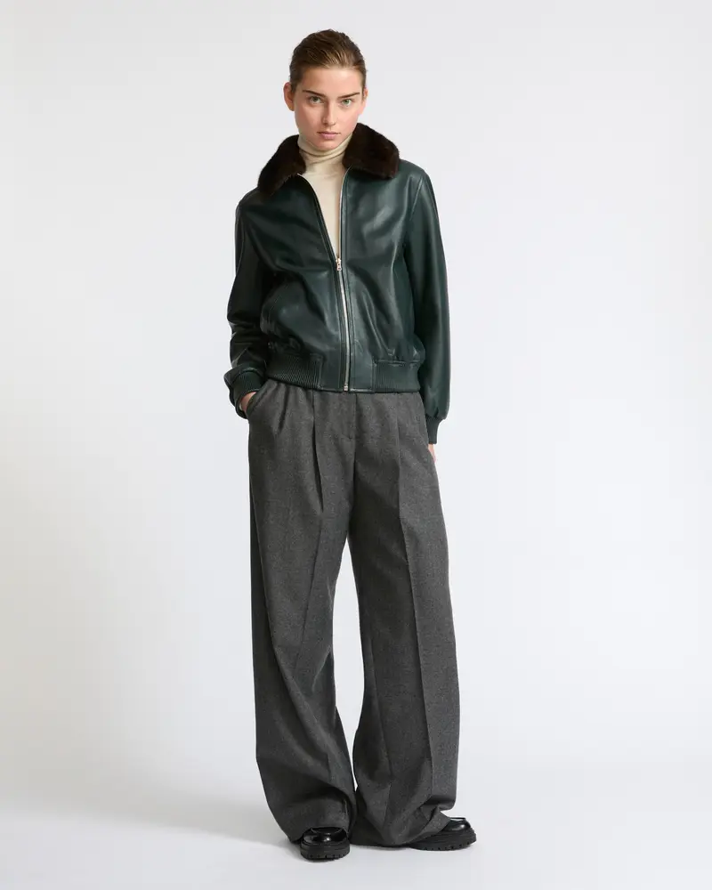 Lamb leather bomber jacket with removable mink collar
