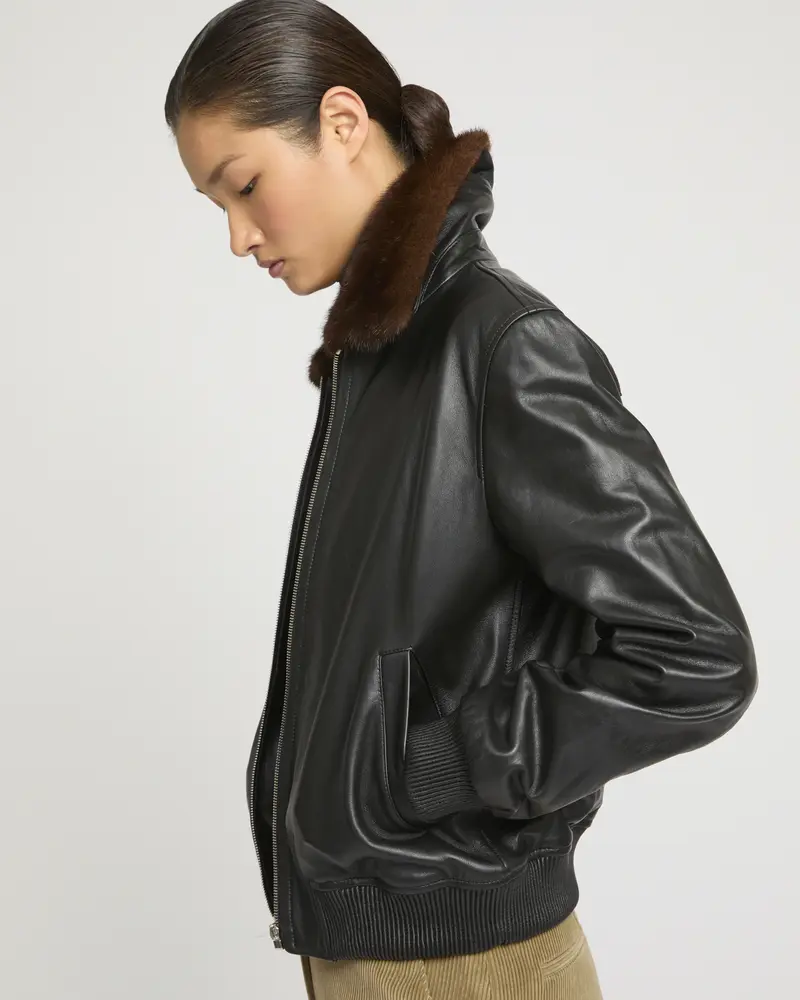 Lamb leather bomber jacket with removable mink collar
