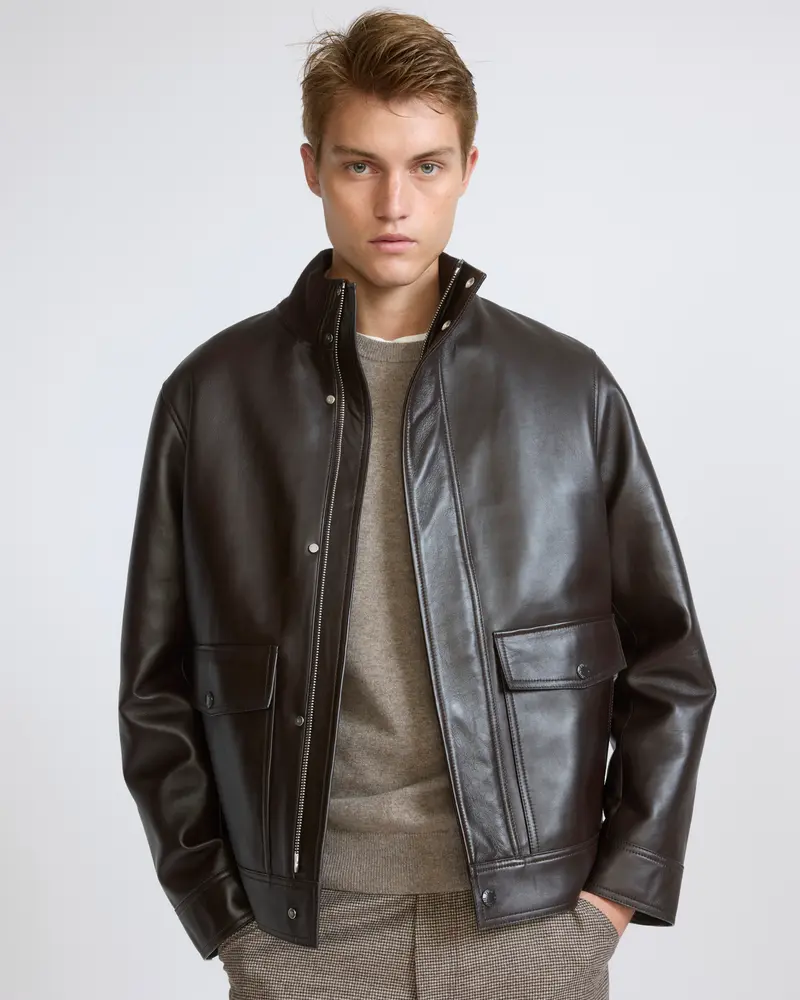 Lambskin leather jacket with knit collar