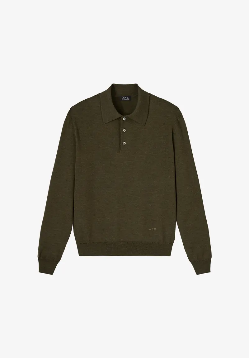 Langärmeliges dunkelgrünes Woll-Poloshirt